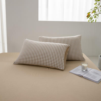 2024新款日式简约格子水洗棉四件套单品枕套系列（风格二） 48*74cm枕套一对 布丁咖