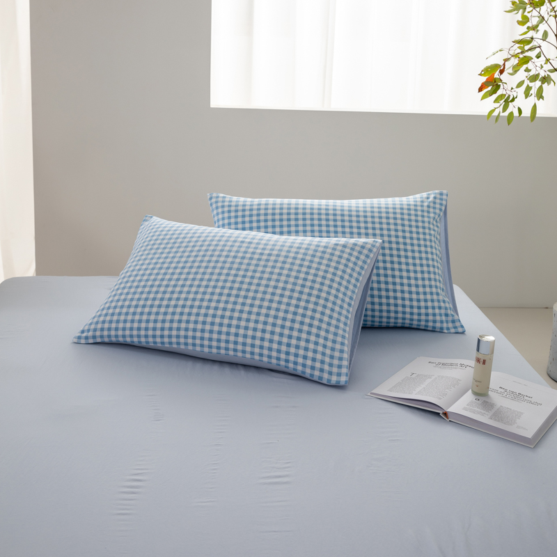 2024新款日式简约格子水洗棉四件套单品枕套系列（风格二） 48*74cm枕套一对 布丁蓝