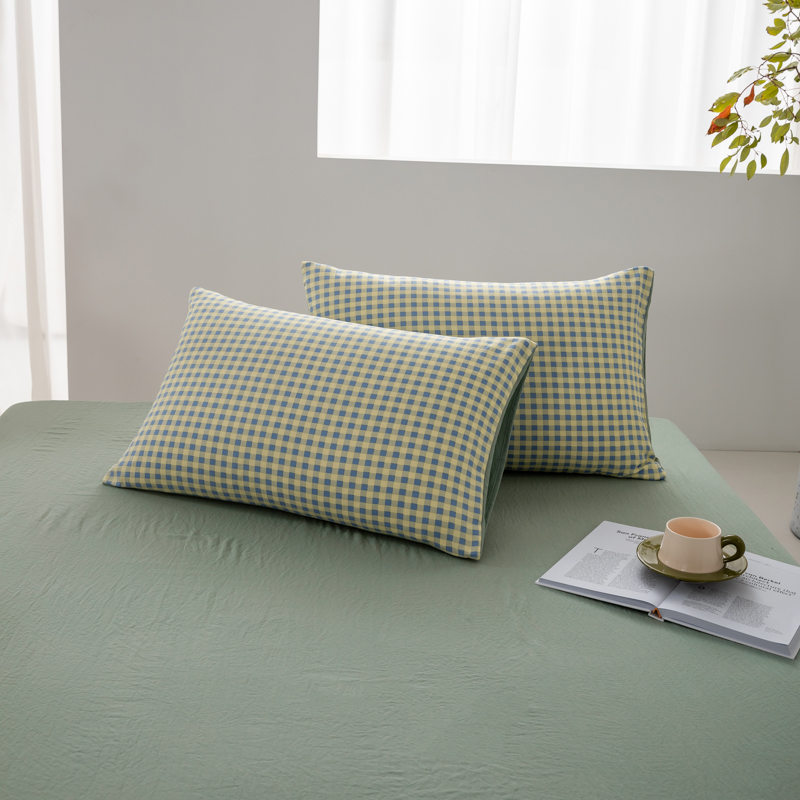2024新款日式简约格子水洗棉四件套单品枕套系列（风格二） 48*74cm枕套一对 布丁绿