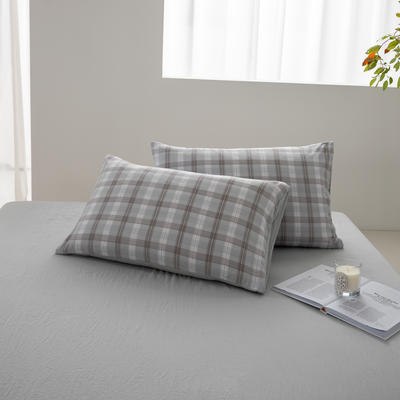 2024新款日式简约格子水洗棉四件套单品枕套系列（风格二） 48*74cm枕套一对 幕落灰