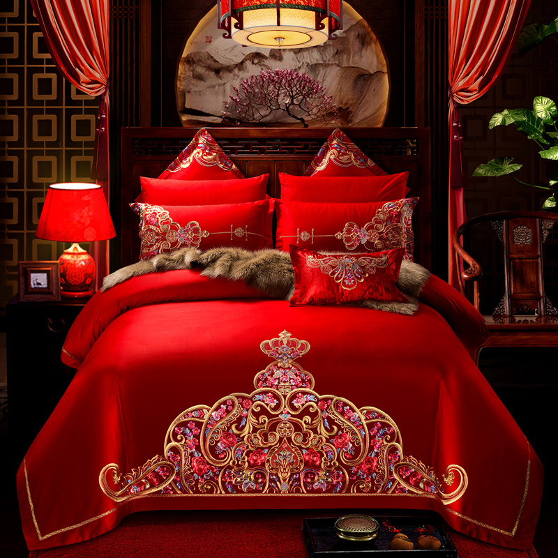全棉大红婚庆四件套纯棉刺绣结婚床上用品喜庆多件套--爱情皇冠 1.5m床 八件套（床盖式）