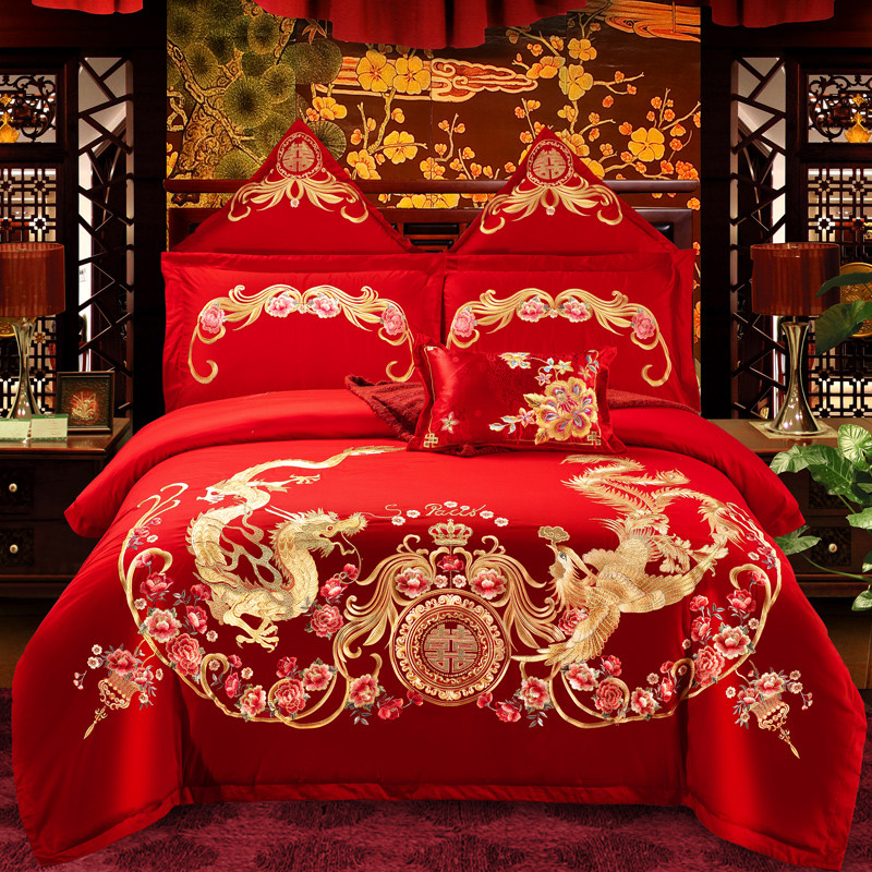 全棉大红婚庆四件套纯棉刺绣结婚床上用品喜庆多件套--百年好合 1.5m床 四件套（床单式）
