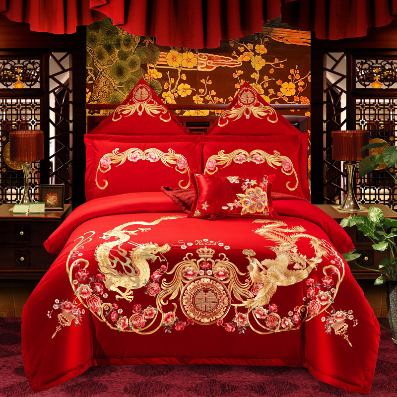 全棉大红婚庆四件套纯棉刺绣结婚床上用品喜庆多件套--百年好合 1.5m床 六件套（床单式）