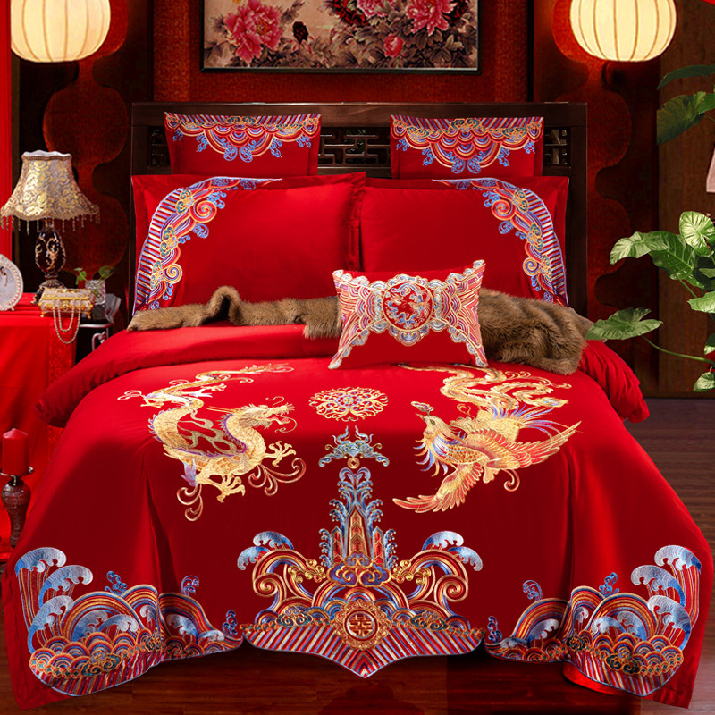 全棉大红婚庆四件套纯棉刺绣结婚床上用品喜庆多件套--和和美美 1.5m床 十件套（床单式）