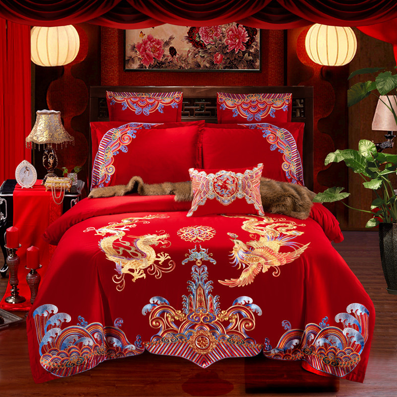 全棉大红婚庆四件套纯棉刺绣结婚床上用品喜庆多件套--和和美美 1.5m床 八件套（床裙式）