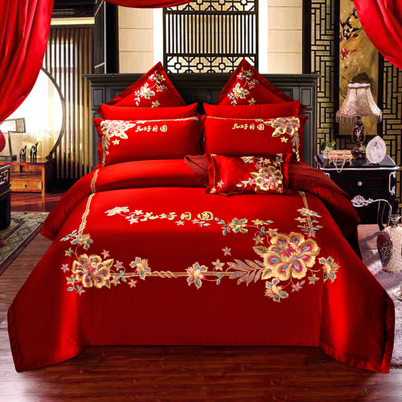 大红婚庆四件套纯棉全棉结婚床上用品喜庆--花好月圆 1.5m床 十件套（床单式）