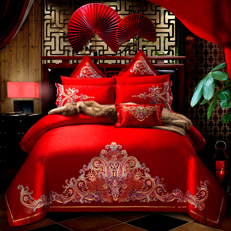 大红婚庆四件套纯棉全棉结婚床上用品喜庆--流金岁月 1.5m床 十件套（床单式）
