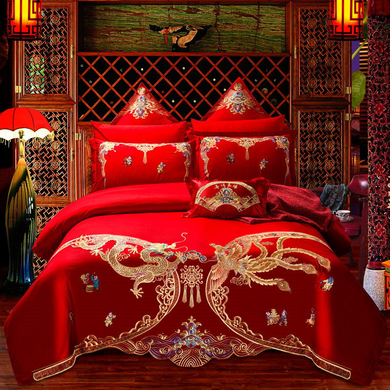 大红婚庆四件套纯棉全棉结婚床上用品喜庆--龙飞凤舞 1.5m床 十件套（床裙式）