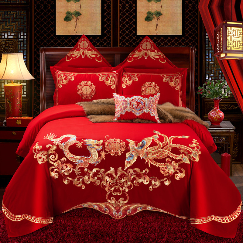 大红婚庆四件套纯棉全棉结婚床上用品喜庆多件套龙凤双美 1.5m床 六件套（床单式）
