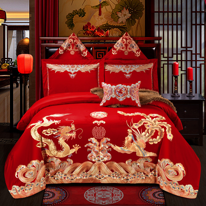 大红婚庆四件套纯棉全棉床上用品多件套美满龙凤 1.5m床 六件套（床单式）