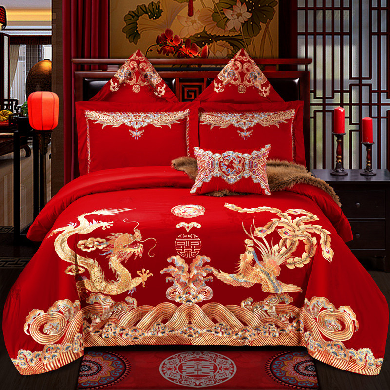 大红婚庆四件套纯棉全棉床上用品多件套美满龙凤 1.5m床 六件套（床盖式）