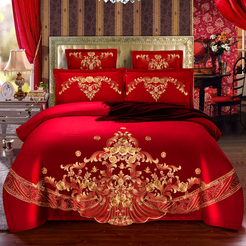 全棉大红婚庆四件套纯棉刺绣结婚床上用品喜庆多件套--欧罗娜 1.5m床 八件套（床笠式）