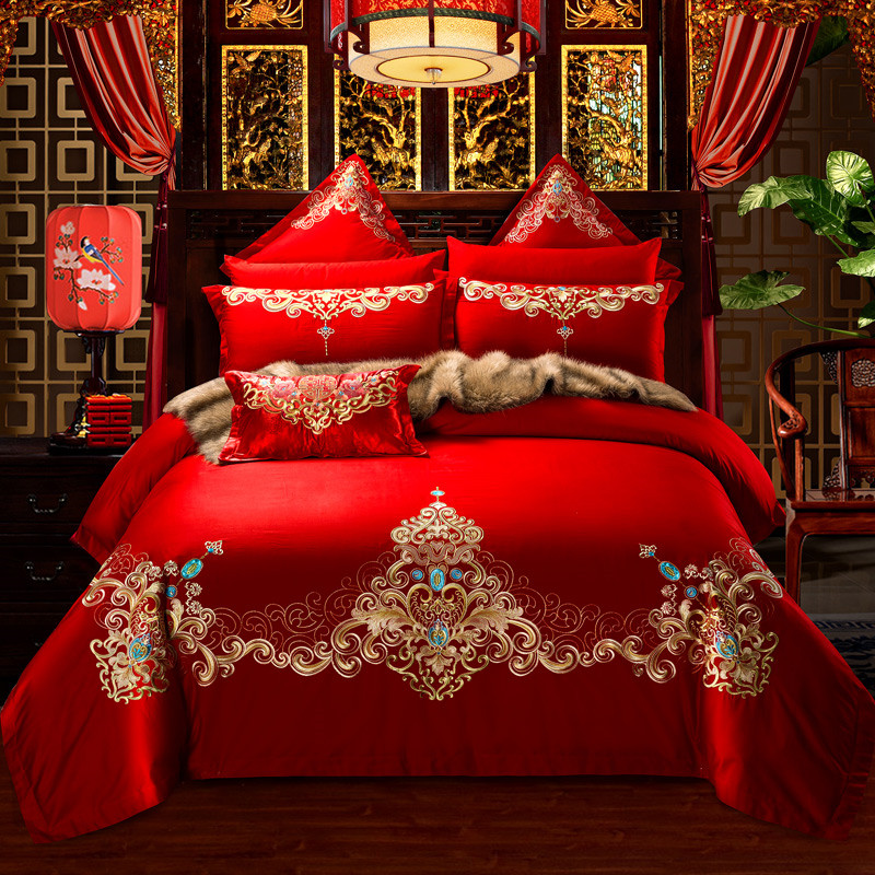 2021新款大红婚庆四件套纯棉全棉结婚床上用品喜庆多件套--奏响爱情 1.5m床 六件套（床单式）