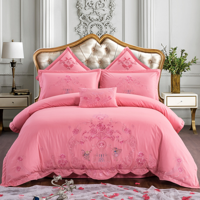2021新款全棉粉色婚庆四件套纯棉刺绣结婚床上用品喜庆多件套-富贵花开 1.5m（5英尺）床 四件套（床盖式）