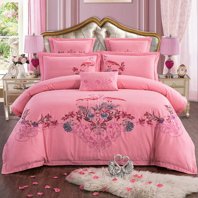 2021新款全棉粉色婚庆四件套纯棉刺绣结婚床上用品喜庆多件套-火鸟 1.5m（5英尺）床 四件套（床笠式）
