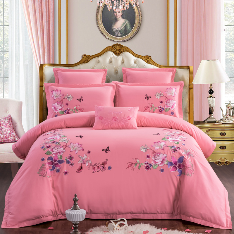 2021新款全棉粉色婚庆四件套纯棉刺绣结婚床上用品喜庆多件套-楼兰花梦 1.5m（5英尺）床 十件套（床群款）