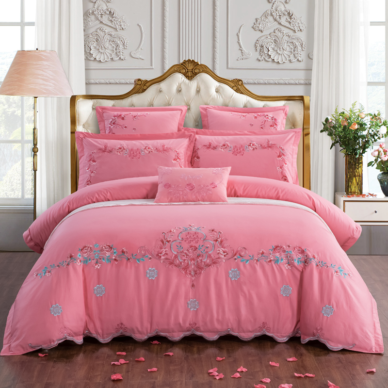 2021新款全棉粉色婚庆四件套纯棉刺绣结婚床上用品喜庆多件套-美好心情 1.5m（5英尺）床 六件套