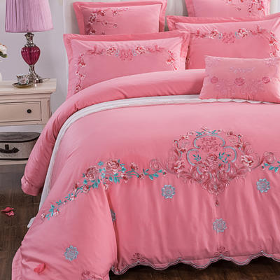 2021新款全棉粉色婚庆四件套纯棉刺绣结婚床上用品喜庆多件套-美好心情 1.5m（5英尺）床 四件套（床单式）