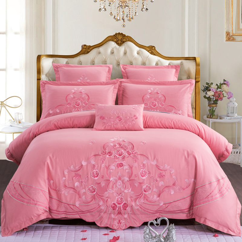 2021新款全棉粉色婚庆四件套纯棉刺绣结婚床上用品喜庆多件套-欧罗那 1.5m（5英尺）床 十件套（床盖款）