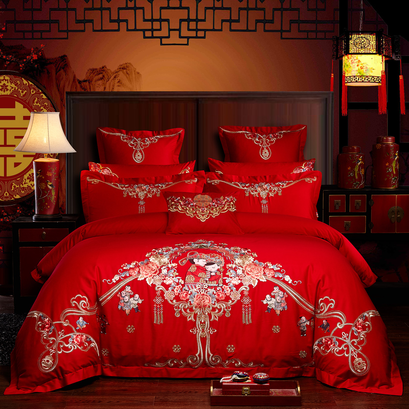 全棉大红色婚庆四件套纯棉全棉结婚刺绣床上用品多件套多福多子 1.5m（5英尺）床 八件套（床盖式）