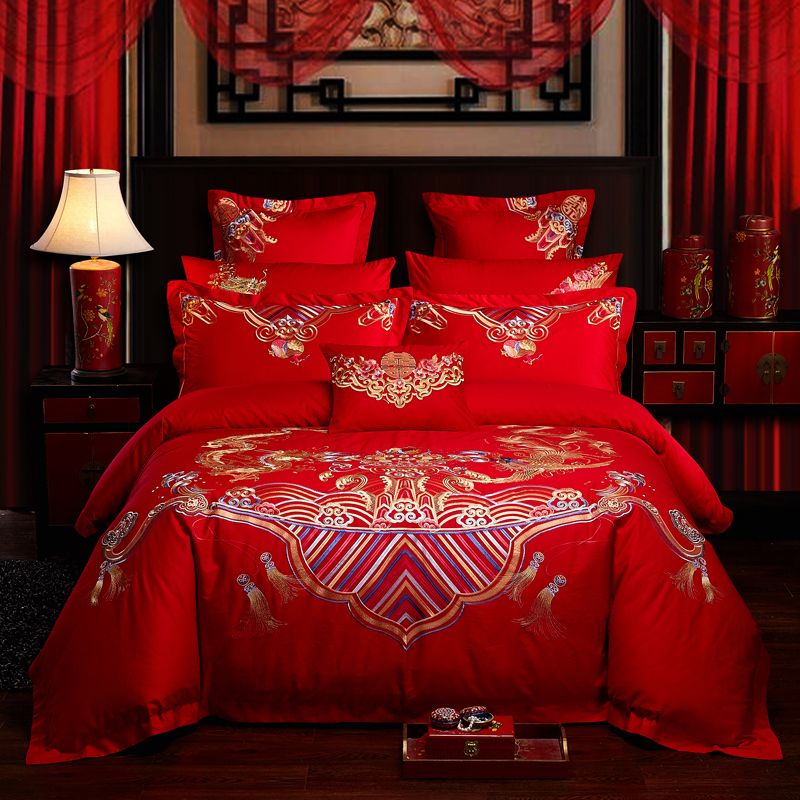 全棉大红色婚庆四件套纯棉全棉结婚刺绣床上用品多件套福喜龙凤 1.5m（5英尺）床 十件套（床盖款）