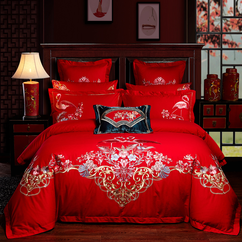 全棉大红色婚庆四件套纯棉全棉结婚刺绣床上用品多件套火鸟大红 1.5m（5英尺）床 十件套（床盖款）