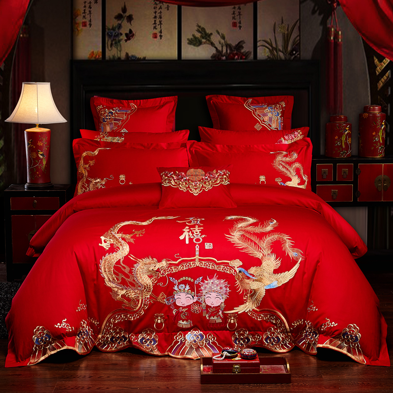 棉大红色婚庆四件套纯棉全棉结婚刺绣床上用品多件套金玉龙凤 1.5m（5英尺）床 八件套（床盖款）