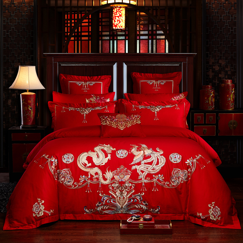 全棉大红色婚庆四件套纯棉全棉结婚刺绣床上用品多件套龙凤锦秀 1.5m（5英尺）床 十件套（床盖款）