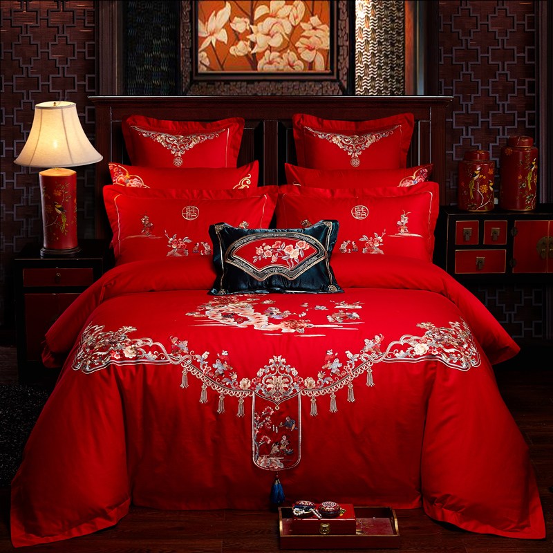 全棉大红色婚庆四件套纯棉全棉结婚刺绣床上用品多件套如意百子 1.5m（5英尺）床 十件套（床群款）