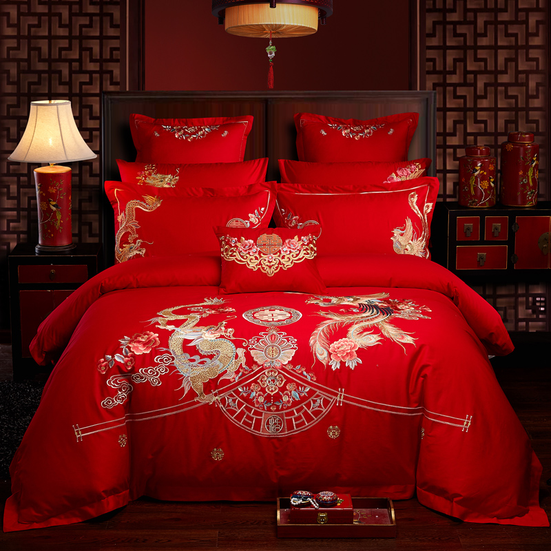 全棉大红色婚庆四件套纯棉全棉结婚刺绣床上用品多件套如意龙凤 1.5m（5英尺）床 八件套（床盖款）