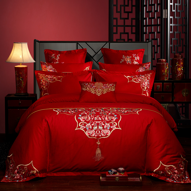 全棉大红色婚庆四件套纯棉全棉结婚刺绣床上用品多件套花嫁 1.5m（5英尺）床 六件套（床盖款）