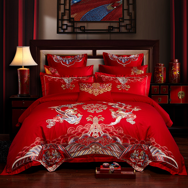 全棉大红色婚庆四件套纯棉全棉结婚刺绣床上用品多件套龙凤呈祥 1.5m（5英尺）床 六件套（床单款）