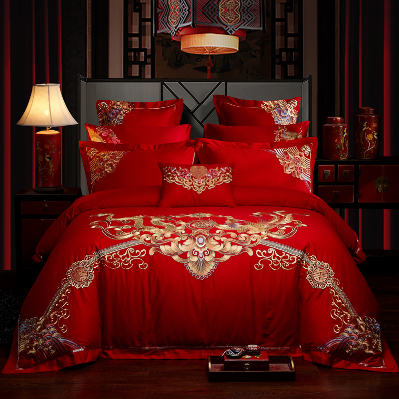 全棉大红色婚庆四件套纯棉全棉结婚刺绣床上用品多件套盛世龙凤 1.5m（5英尺）床 十件套（床笠式）