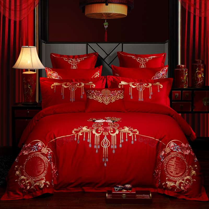 全棉大红色婚庆四件套纯棉全棉结婚刺绣床上用品多件套相信相爱 1.5m（5英尺）床 十件套（床盖式）