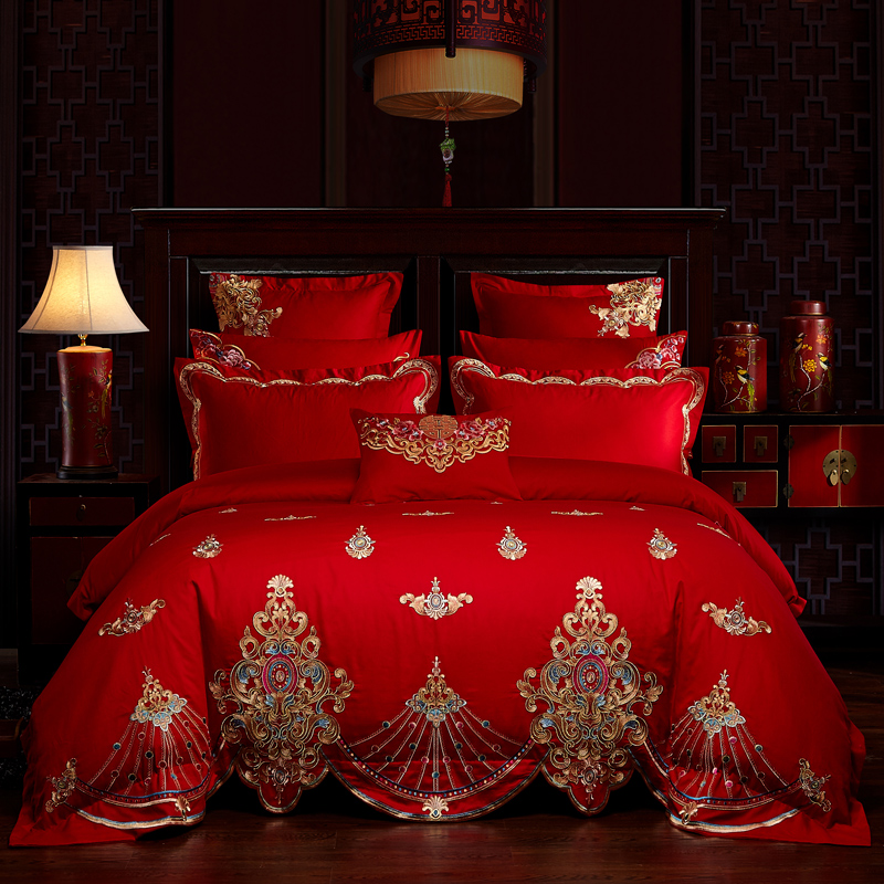全棉大红色婚庆四件套纯棉全棉结婚刺绣床上用品多件套幸福假日 1.5m（5英尺）床 七件套（床盖式）
