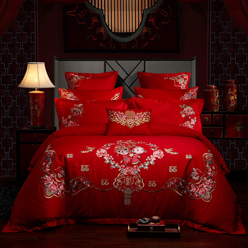 全棉大红色婚庆四件套纯棉全棉结婚刺绣床上用品多件套月夜花朝 1.5m（5英尺）床 八件套（床群款）
