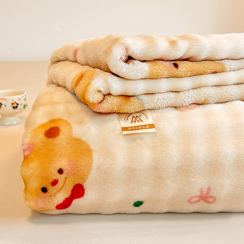 2025新款A类高克重牛奶绒泡泡绒印花床单单件冬季保暖毛绒毯子绒床单三件套 黄油小熊