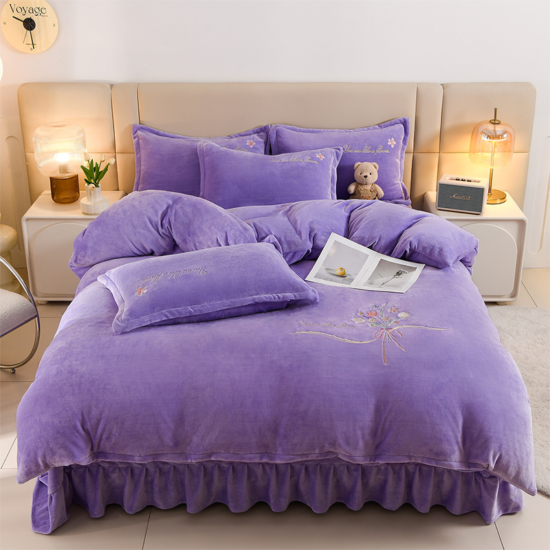 2025新款高克重牛奶绒刺绣四件套 郁金香-香芋紫
