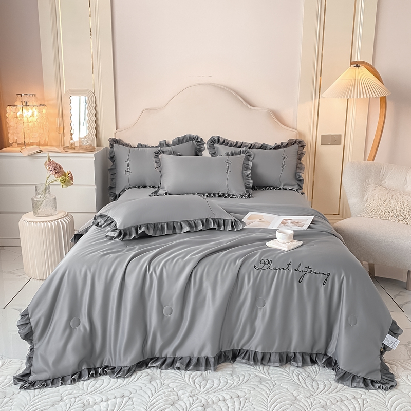 2025新款水洗天丝纯色花边夏被四件套