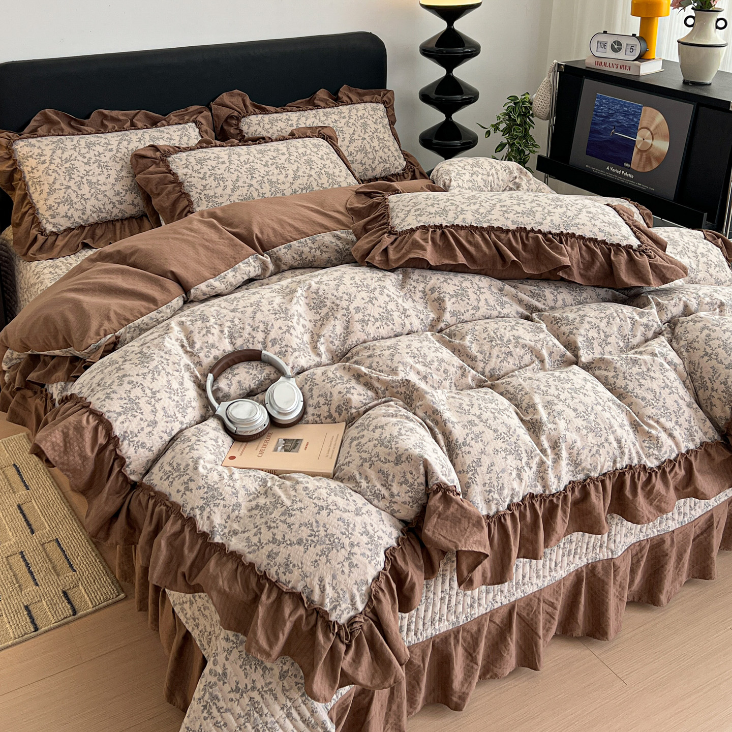 2026新款敲可爱奶呼呼云感双层纱韩国大布袋韩版大花边床盖床裙四件套-超级治愈 竹韵花语