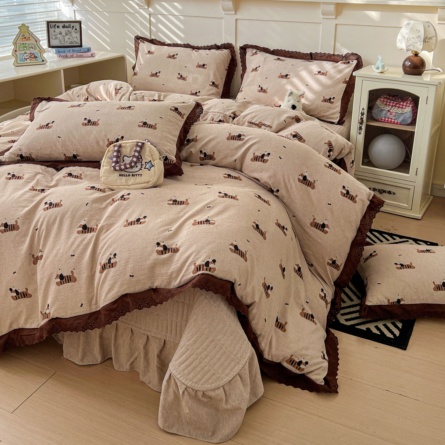 2026新款高克重热款法式全棉花边四季款加厚色织提花床盖床裙四件套 提花-樱桃狗