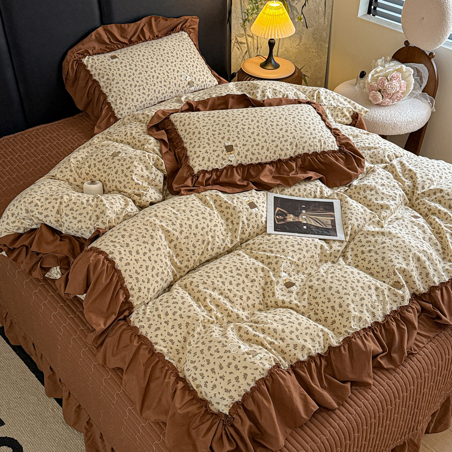 2026新款韩系古法韩国水洗棉仿棉云棉大布袋法式浪漫大花边床盖夏凉被床盖四件套 奶油兔