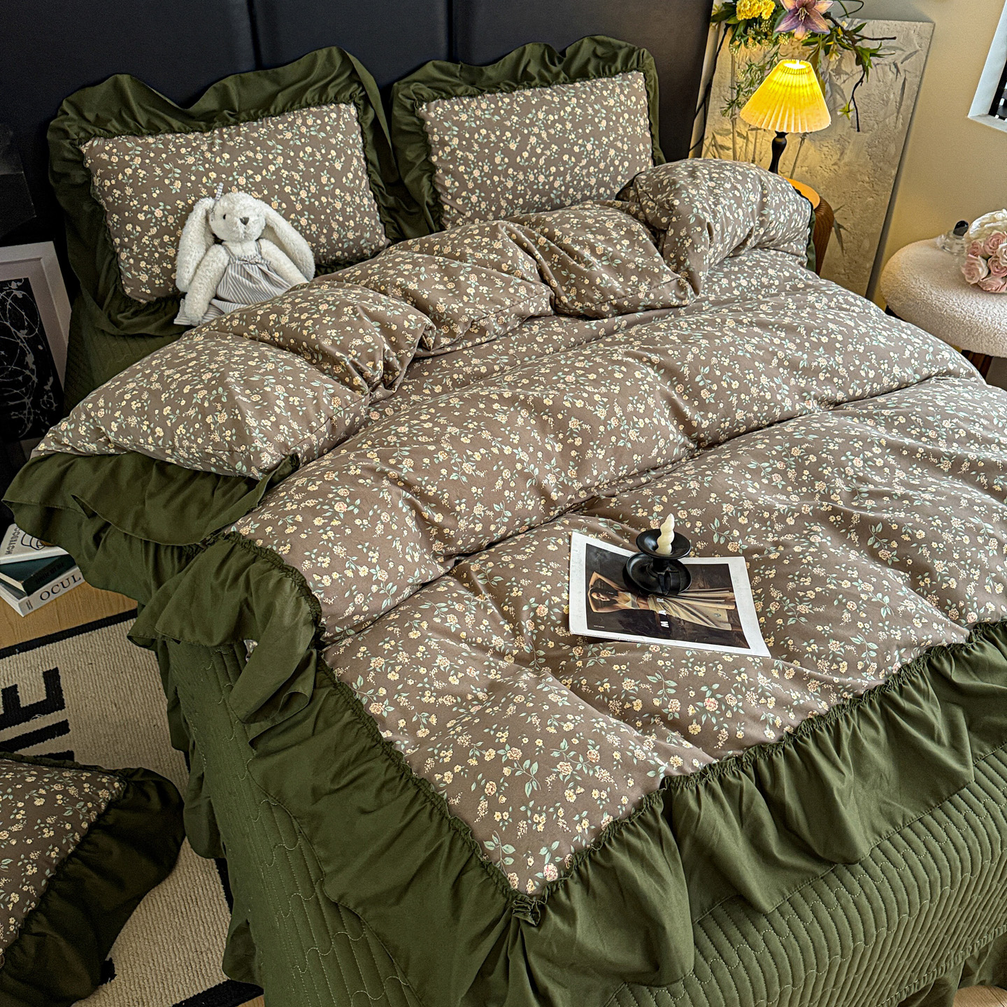 2026新款韩系古法韩国水洗棉仿棉云棉大布袋法式浪漫大花边床盖夏凉被床盖四件套 知春绿