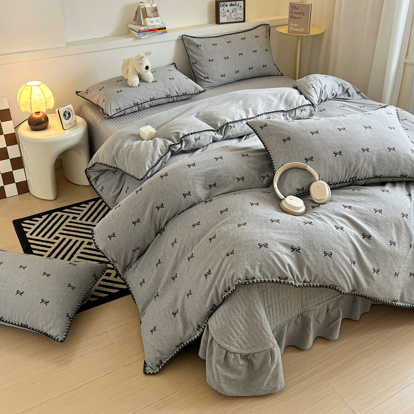 2026新款色织提花贝壳边床盖床裙四件套 贝壳边-少女心