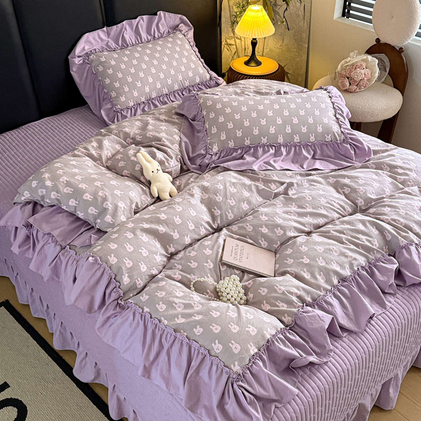 2026新款韩系古法韩国水洗棉仿棉云棉大布袋法式浪漫大花边床盖夏凉被床盖四件套 紫兔兔
