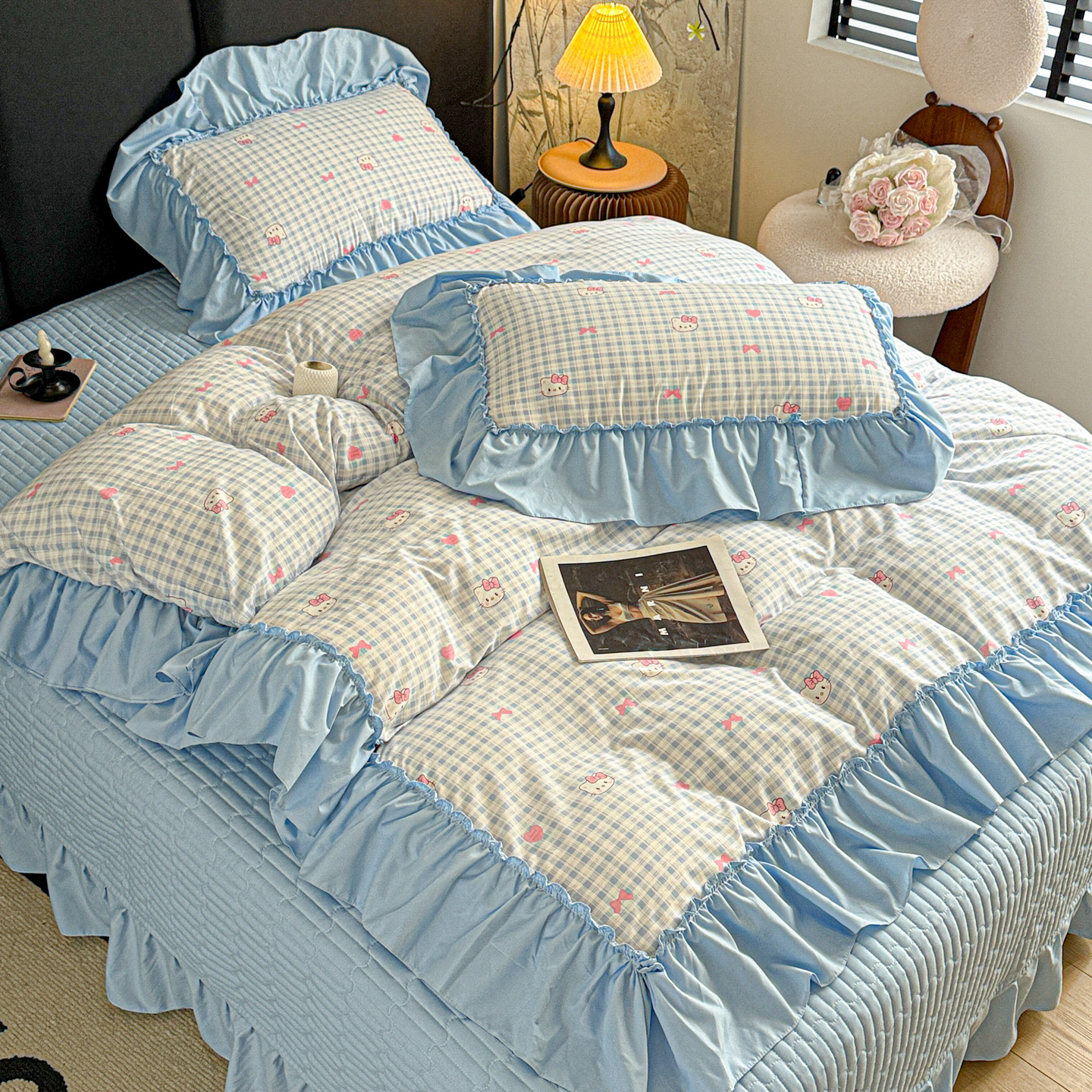 2026新款韩系古法韩国水洗棉仿棉云棉大布袋法式浪漫大花边床盖夏凉被床盖四件套 猫猫蓝