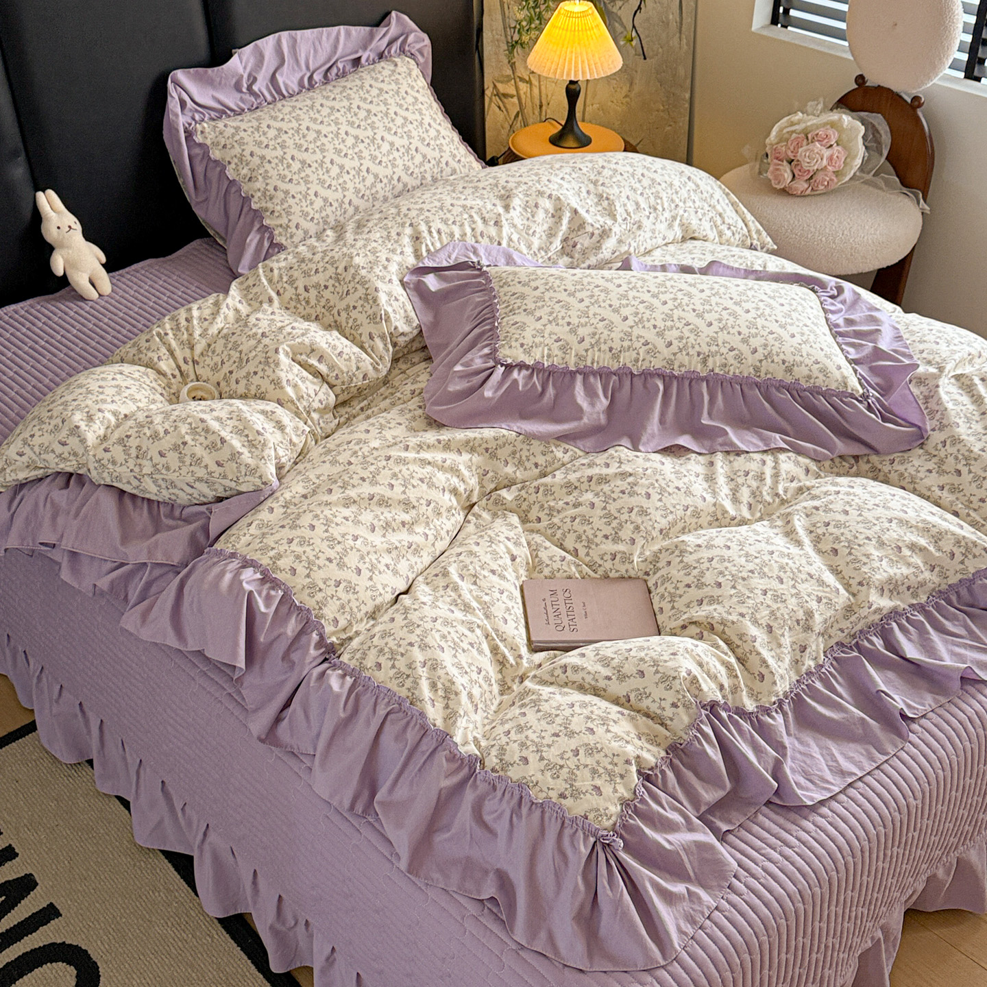 2026新款韩系古法韩国水洗棉仿棉云棉大布袋法式浪漫大花边床盖夏凉被床盖四件套 暮山紫