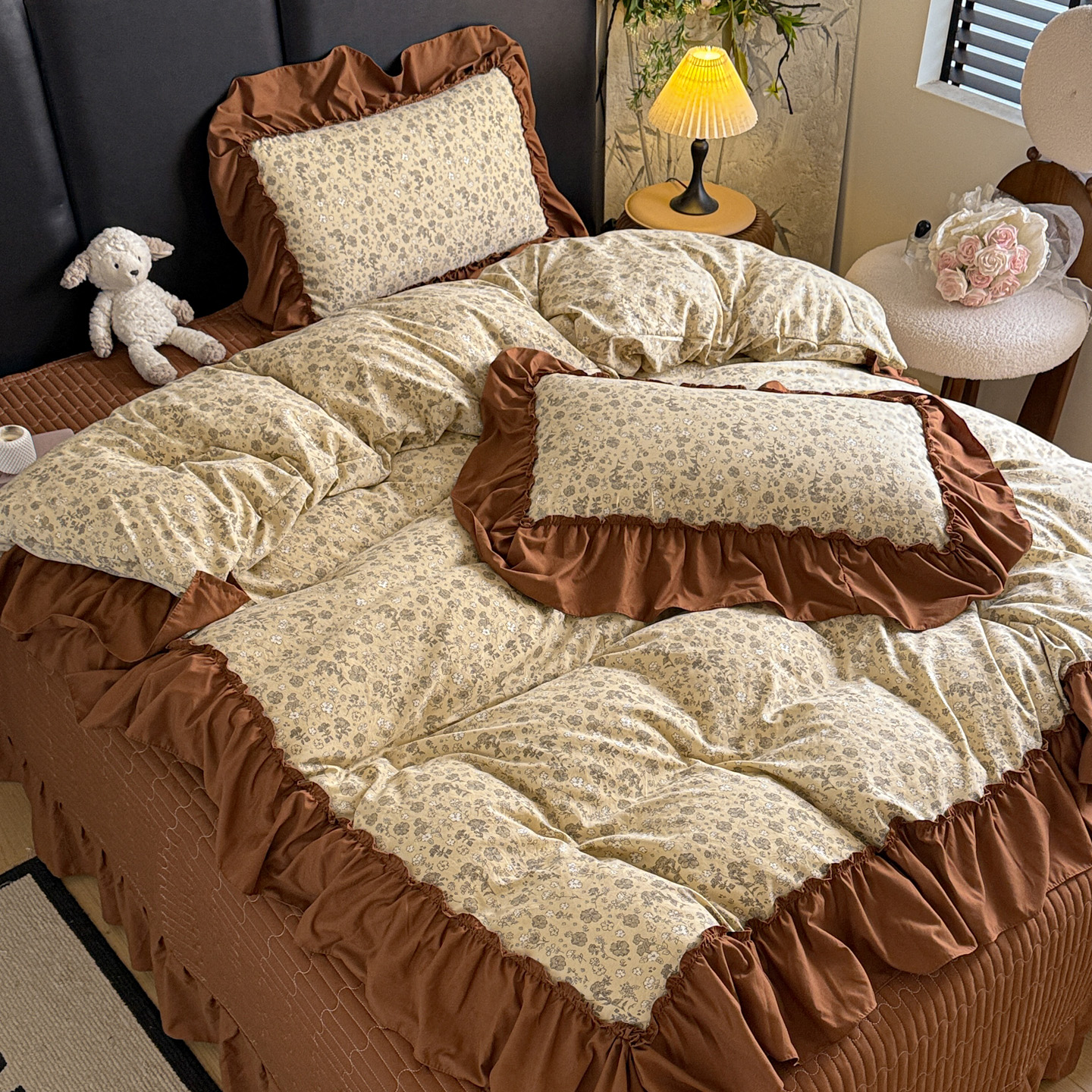 2026新款韩系古法韩国水洗棉仿棉云棉大布袋法式浪漫大花边床盖夏凉被床盖四件套 玛奇朵