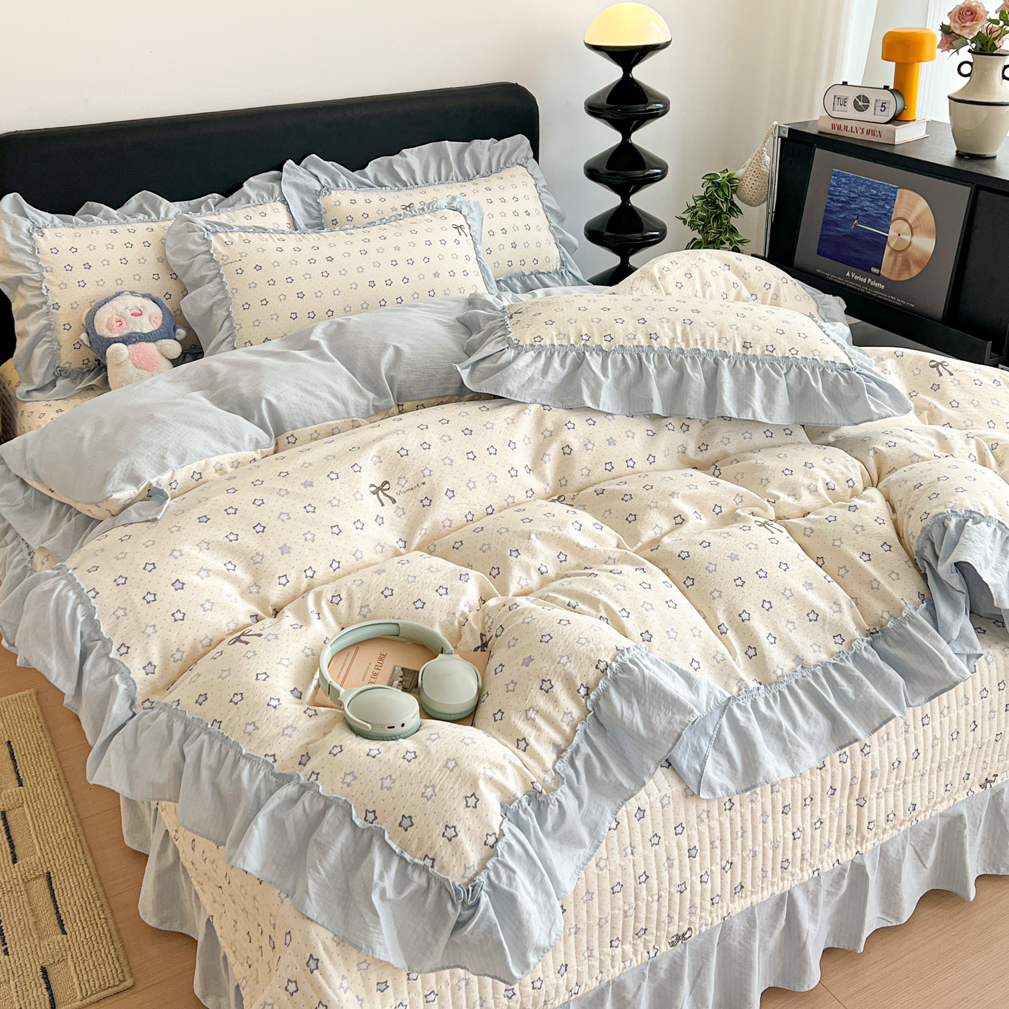 2026新款敲可爱奶呼呼云感双层纱韩国大布袋韩版大花边床盖床裙四件套-超级治愈 摘星