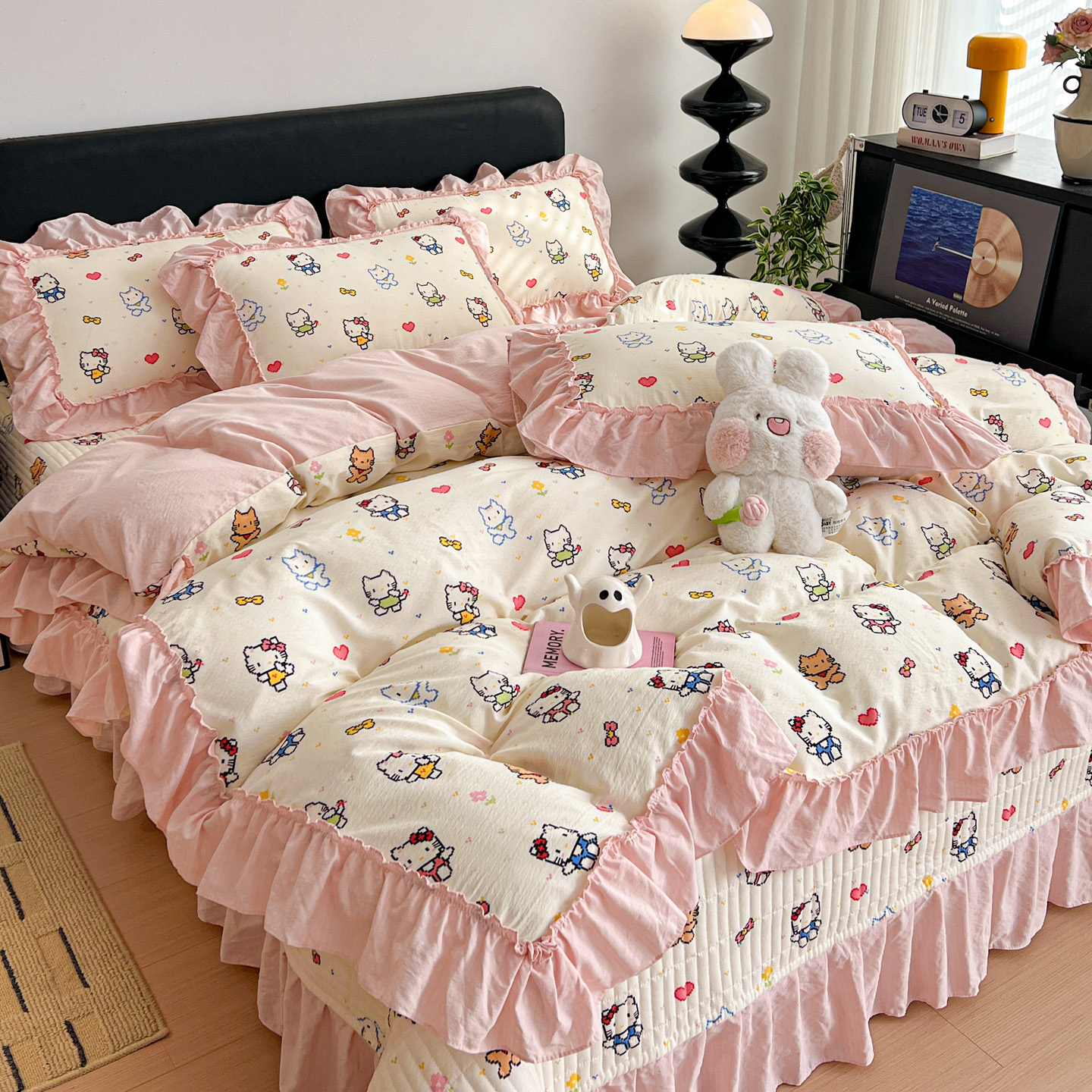 2026新款敲可爱奶呼呼云感双层纱韩国大布袋韩版大花边床盖床裙四件套-超级治愈 像素小猫